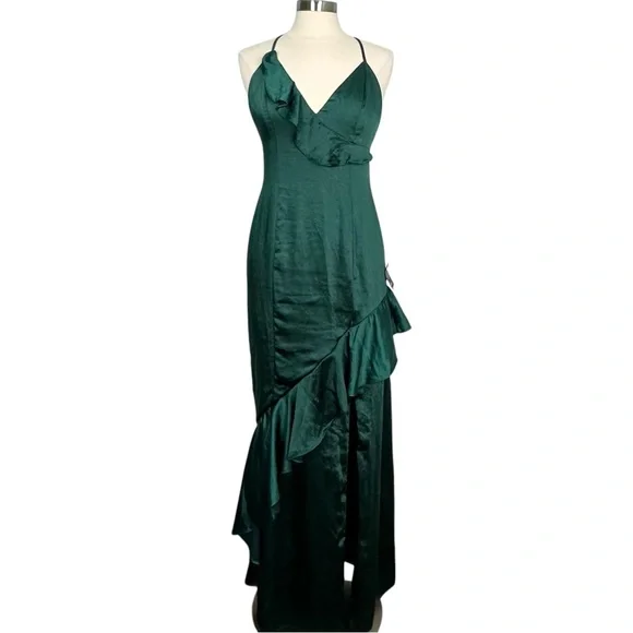 NWT Lulus Lucky Lady Hunter Green Satin Ruffled Maxi Dress Size M (6-8) - Picture 2 of 15